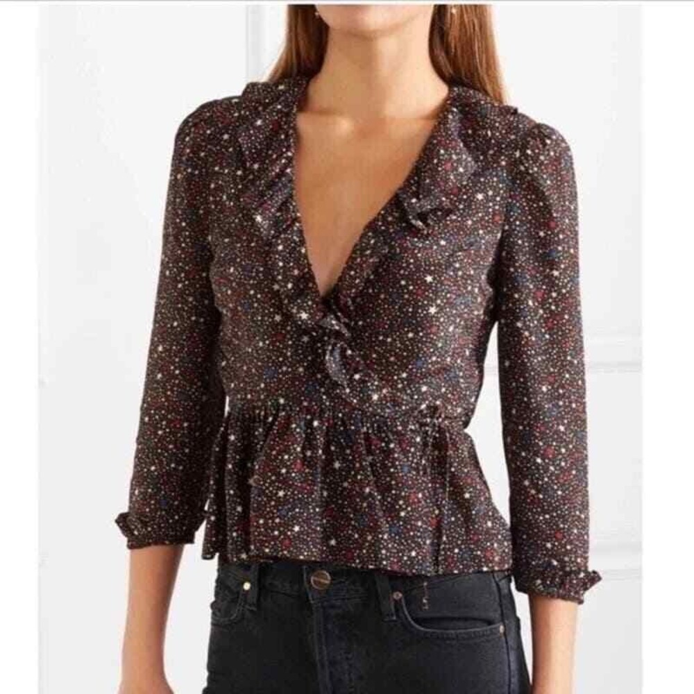 Madewell Top Womens M Black Star Print Ruffle Wrap Peplum Blouse Celestial Star